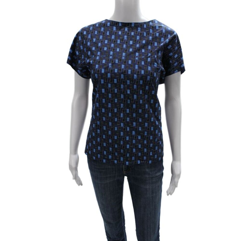 Marni Women Blue Geometric V-Neck Basic Blouse Cotton Short Sleeve Size S